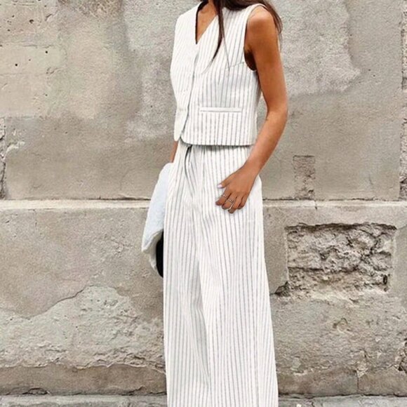White Casual Women's Sleeveless Top And Long Pants Two-Piece Set - Picture 5 of 7